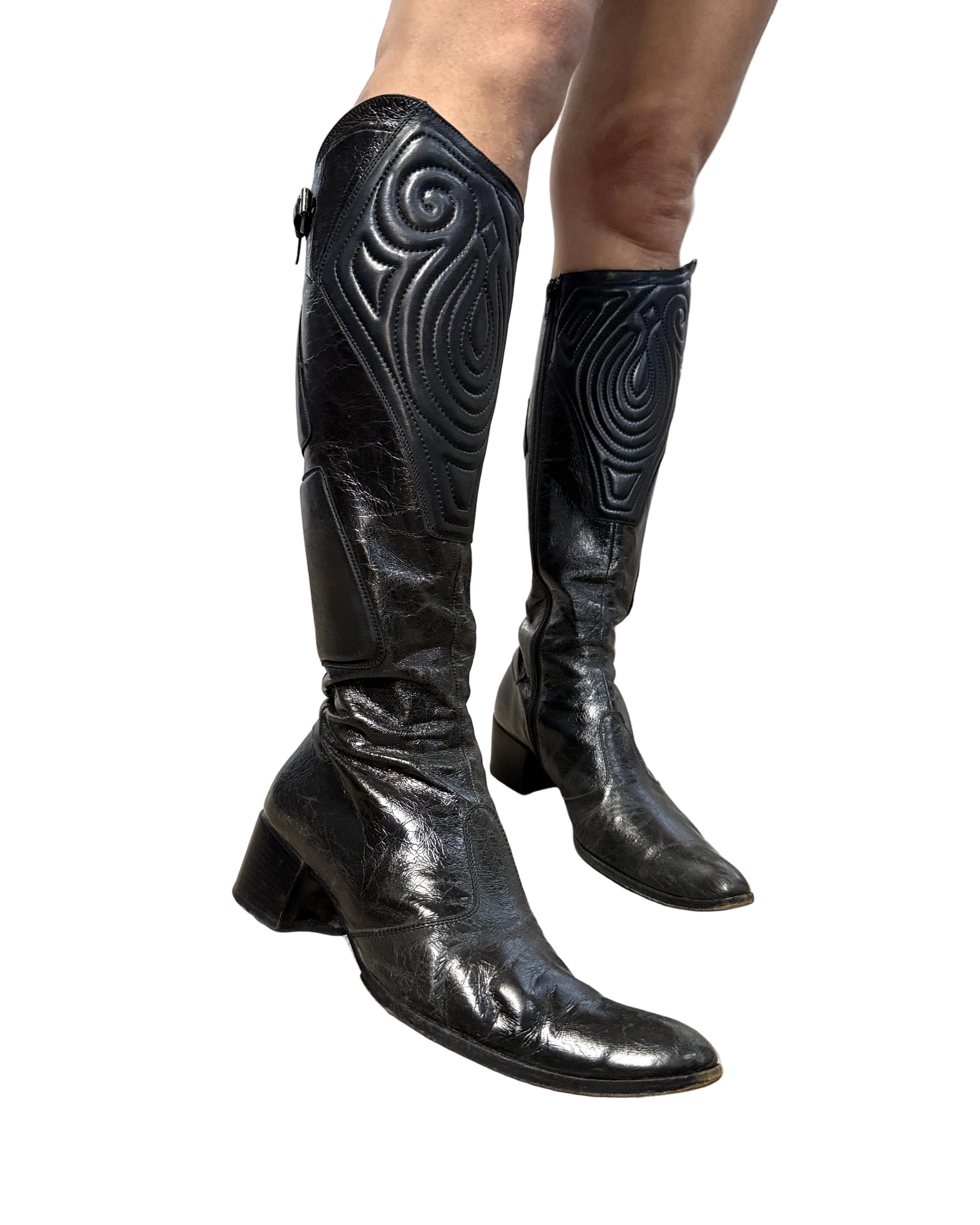 motorcycle knee high leather heeled boots