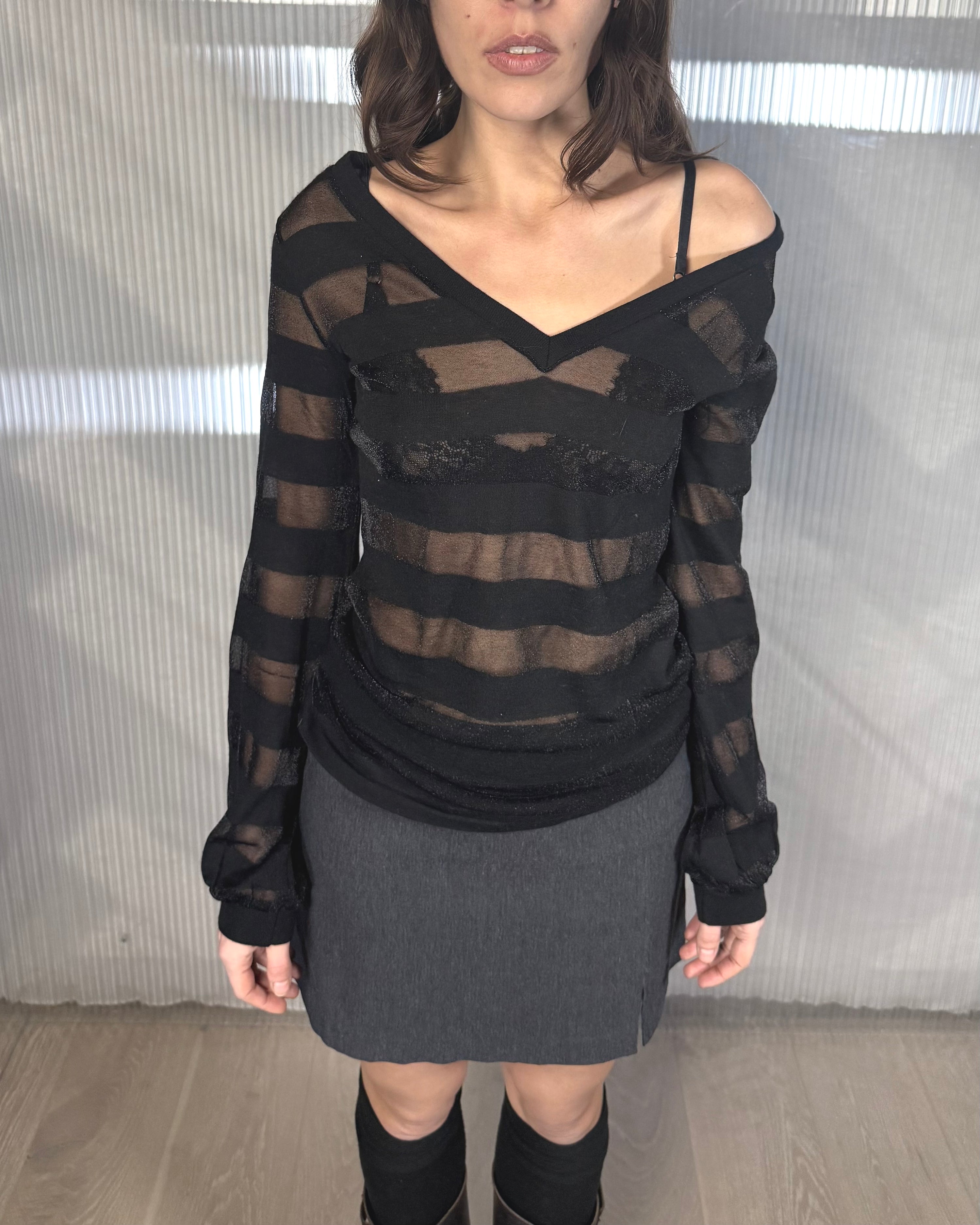 benetton V neck transparent stripe long sleeve top