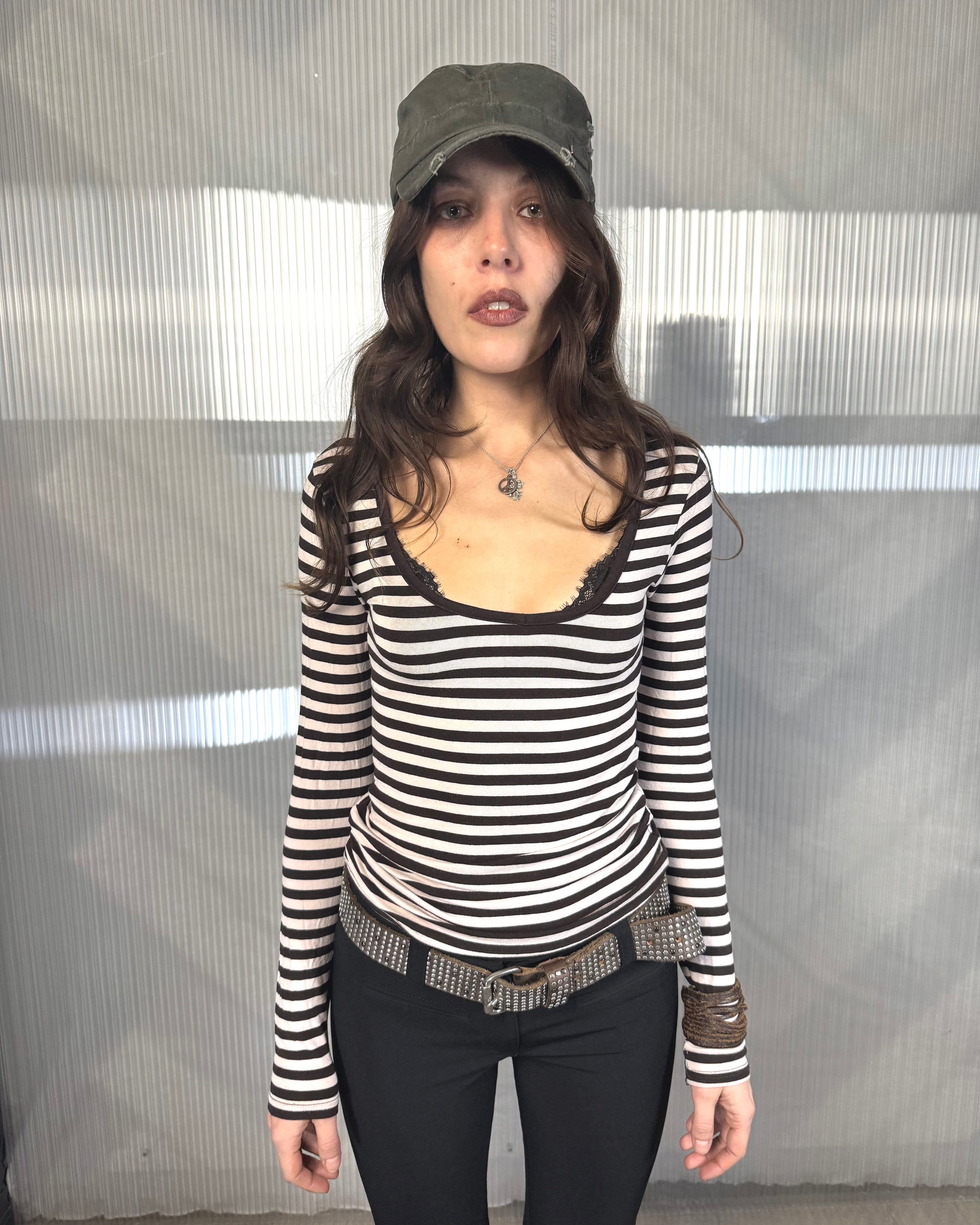 striped scooped neck long sleeve top