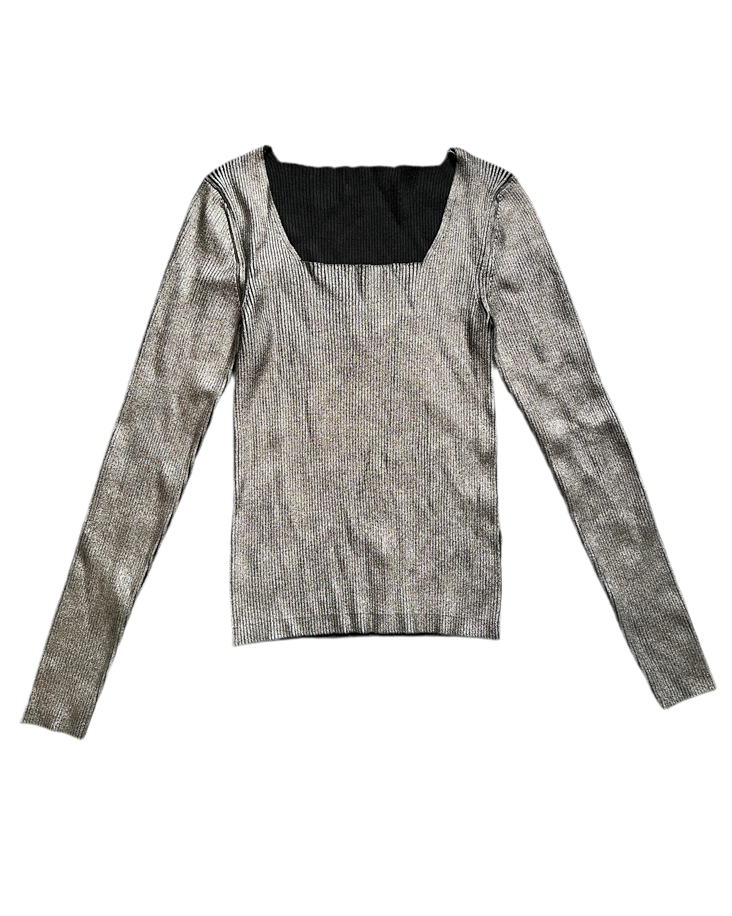 metallic fine rib square neck sweater