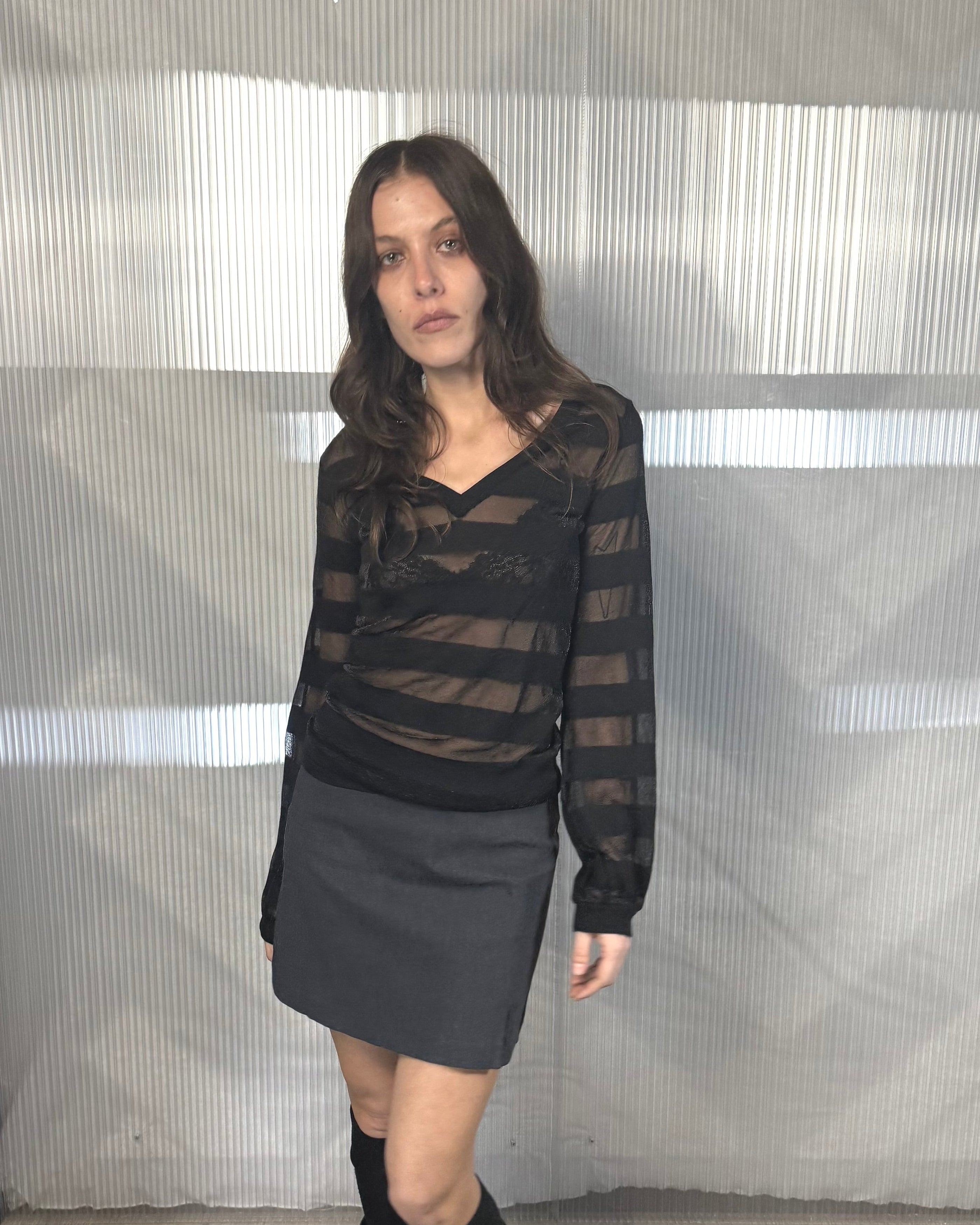 benetton V neck transparent stripe long sleeve top