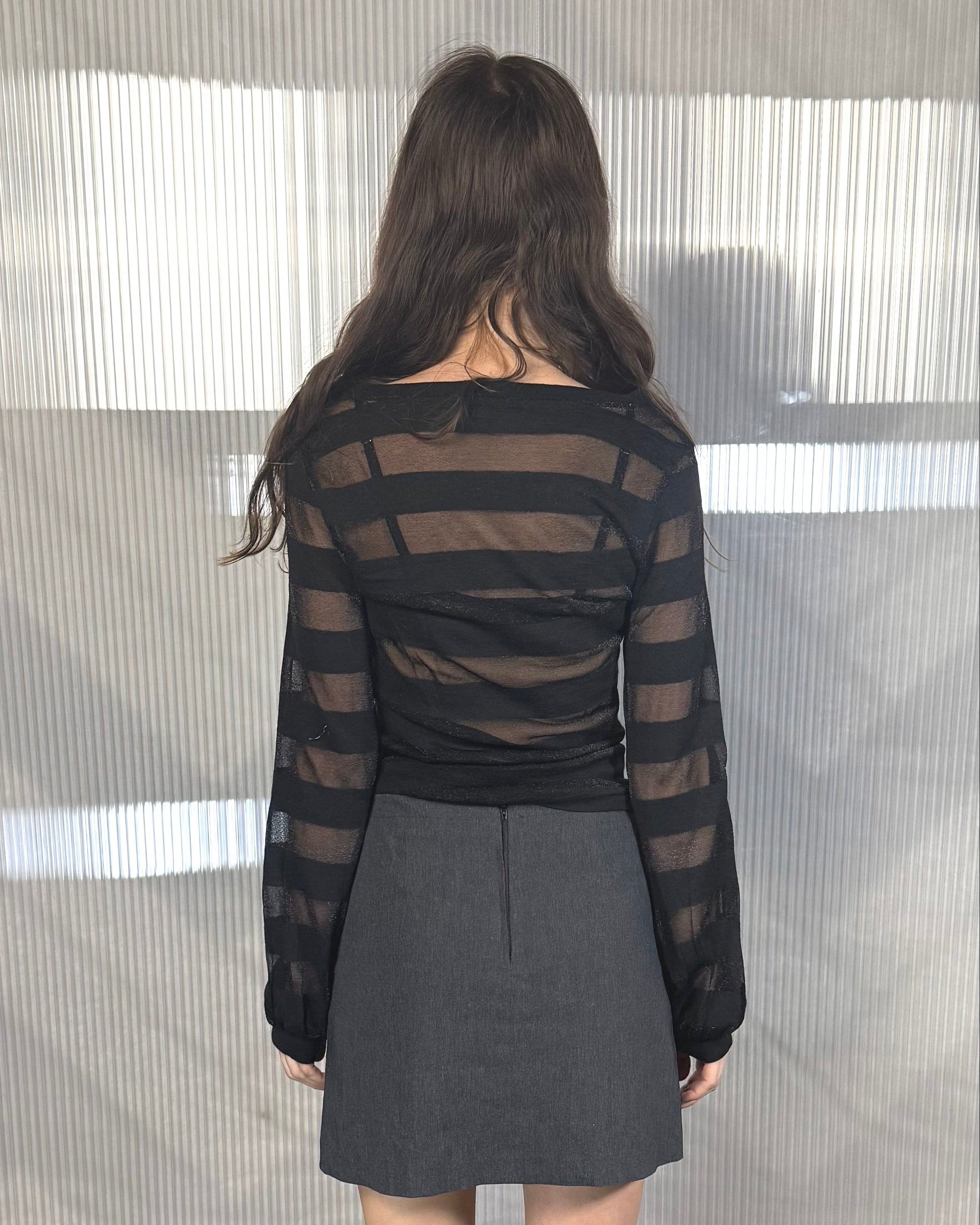 benetton V neck transparent stripe long sleeve top