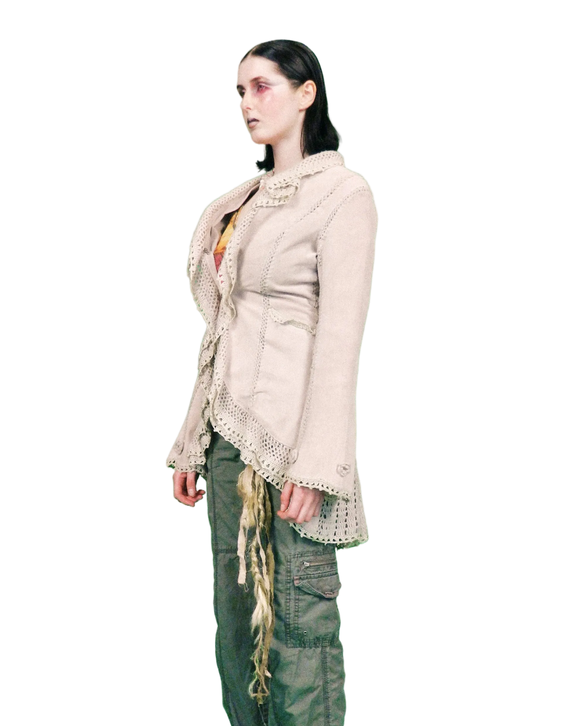 fairy suede crochet edge longline jacket