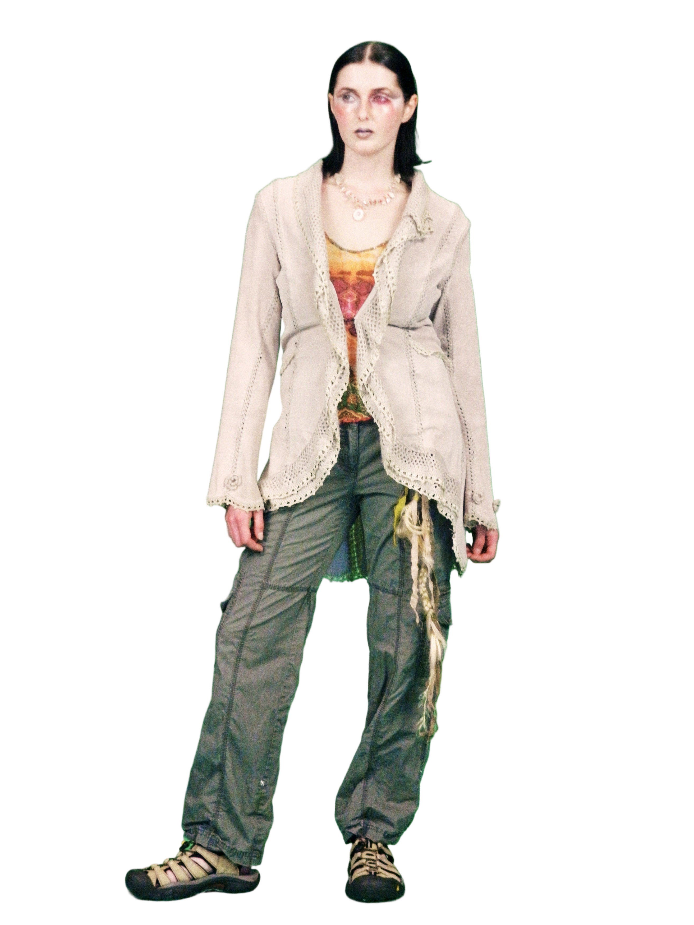 suede crochet edge longline jacket