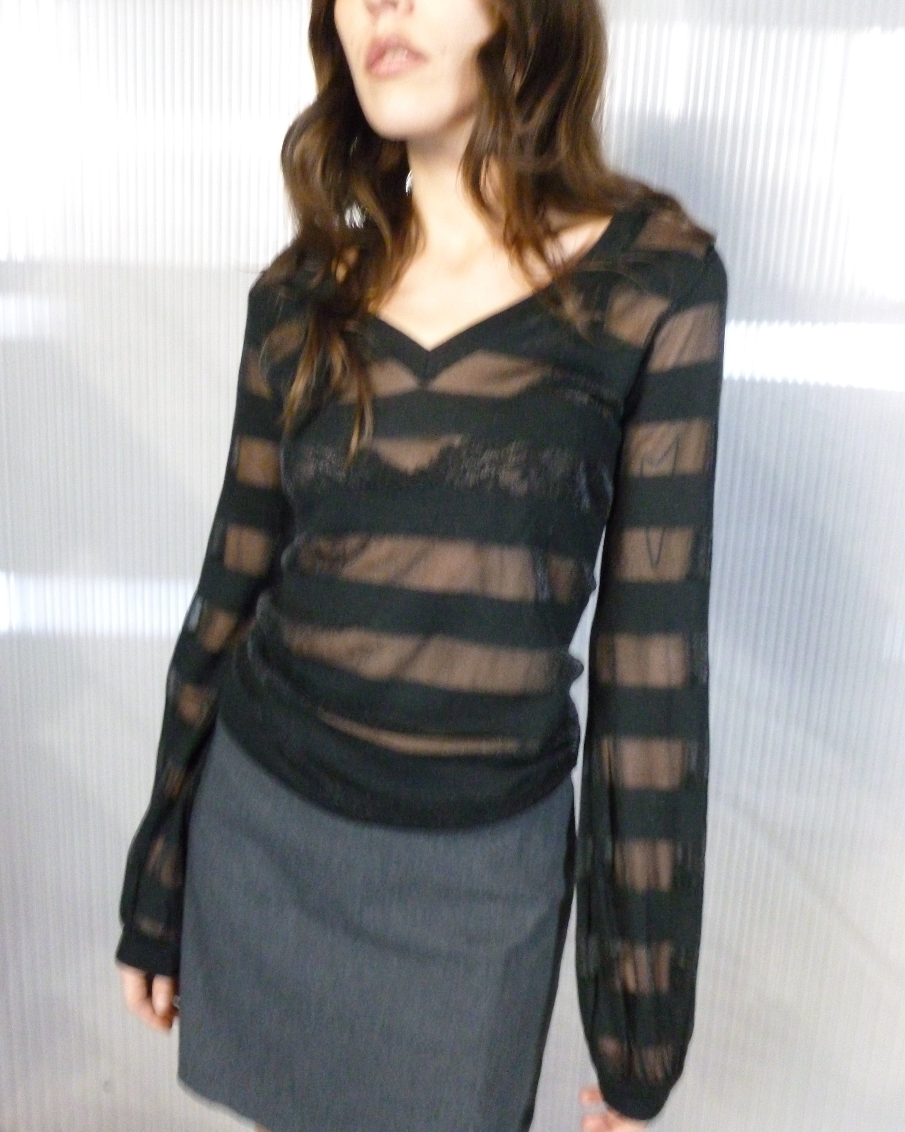 benetton V neck transparent stripe long sleeve top