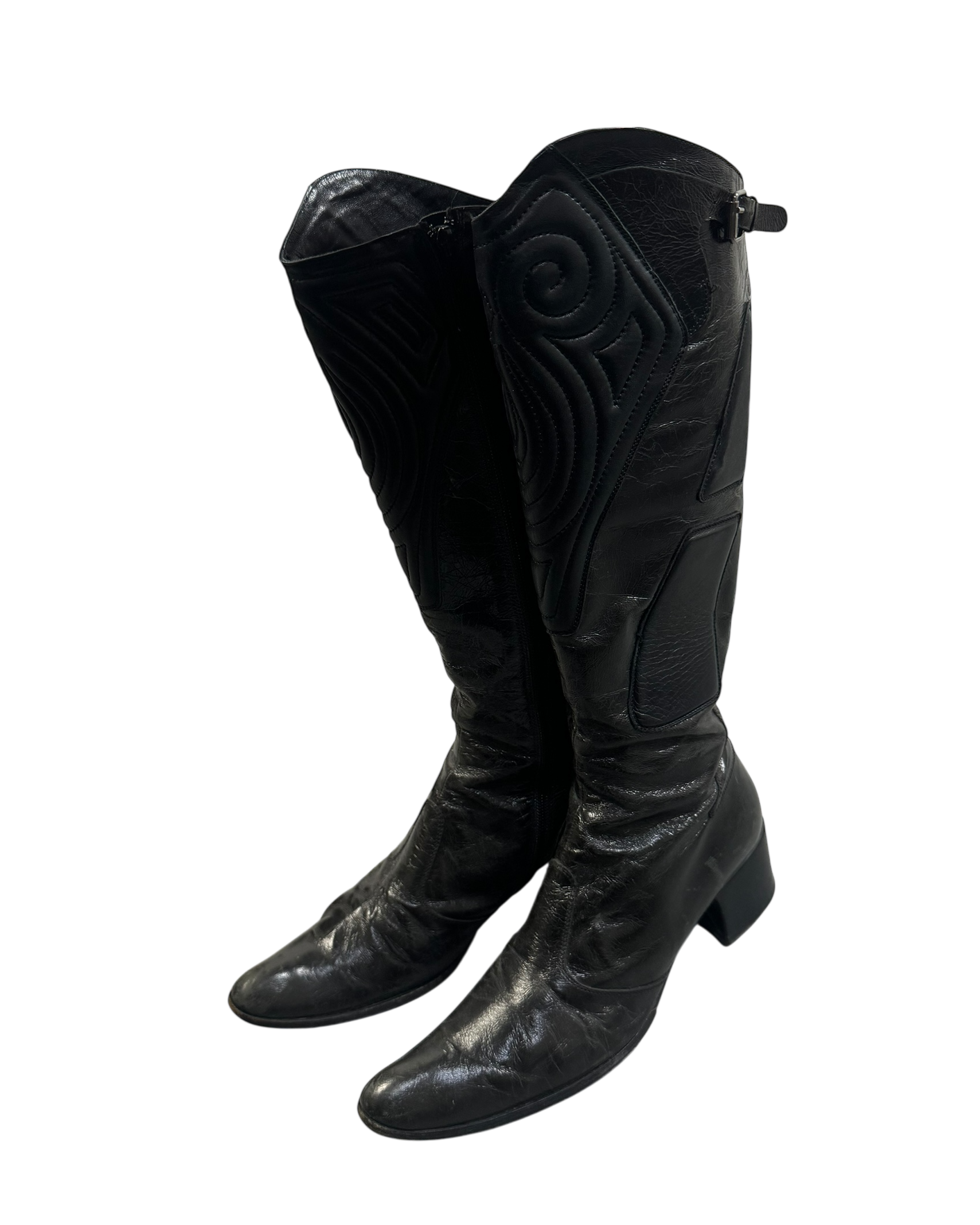 motorcycle knee high leather heeled boots