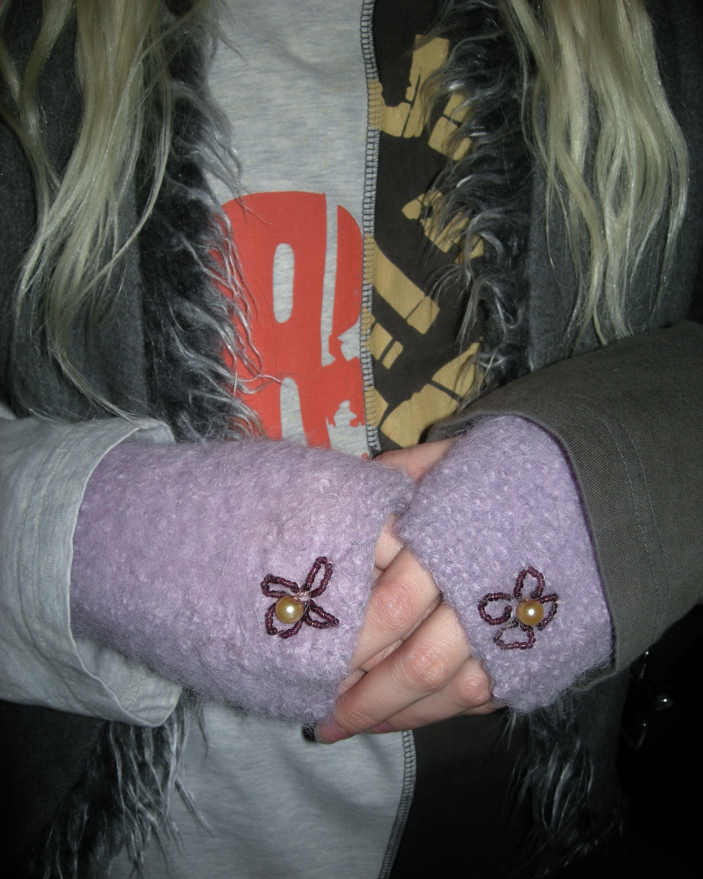 furry wristwarmers w small bead flowers