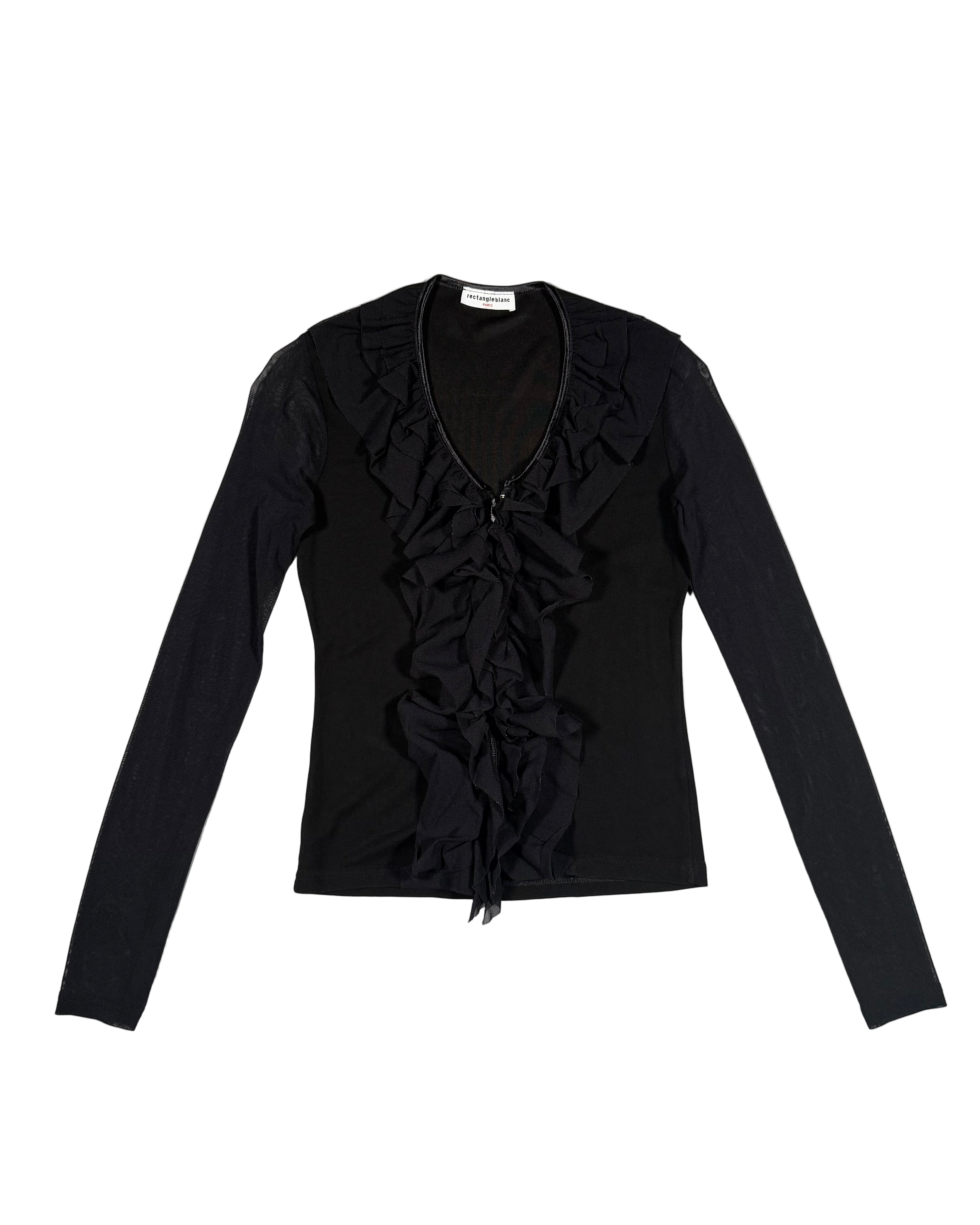 mesh ruffle neck zip cardigan