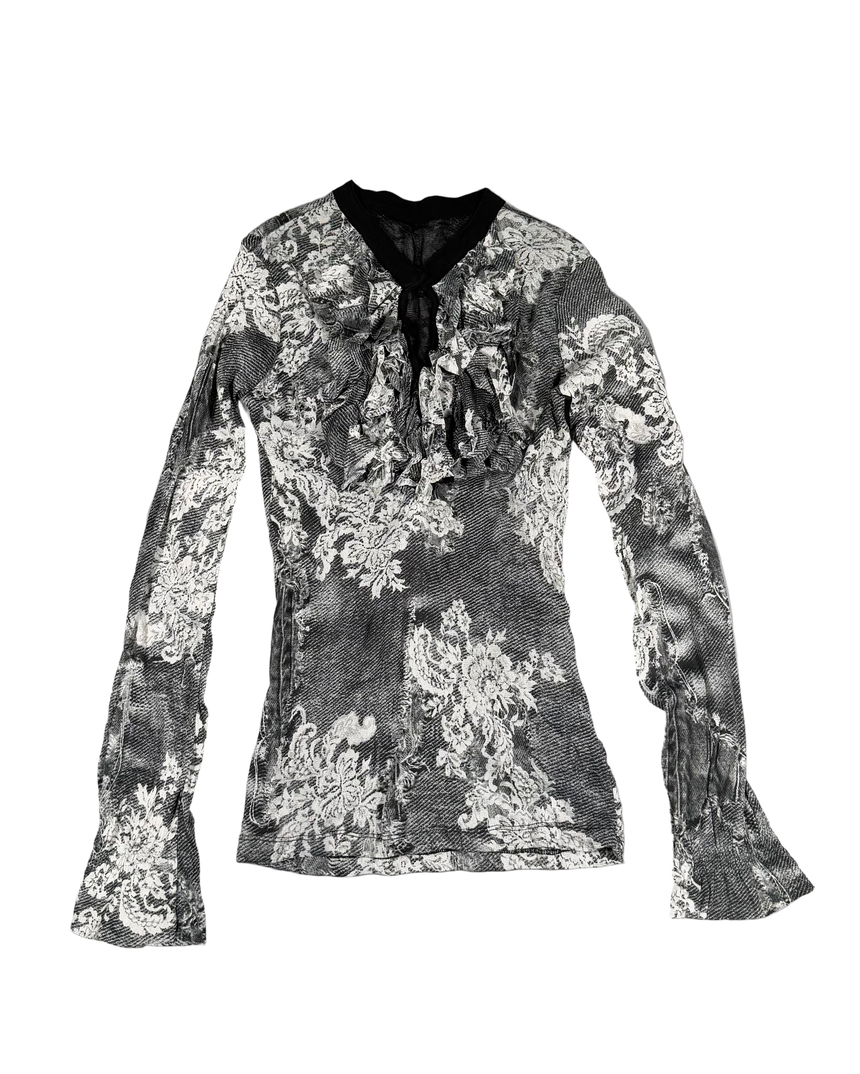 printed lace mesh long sleeve top