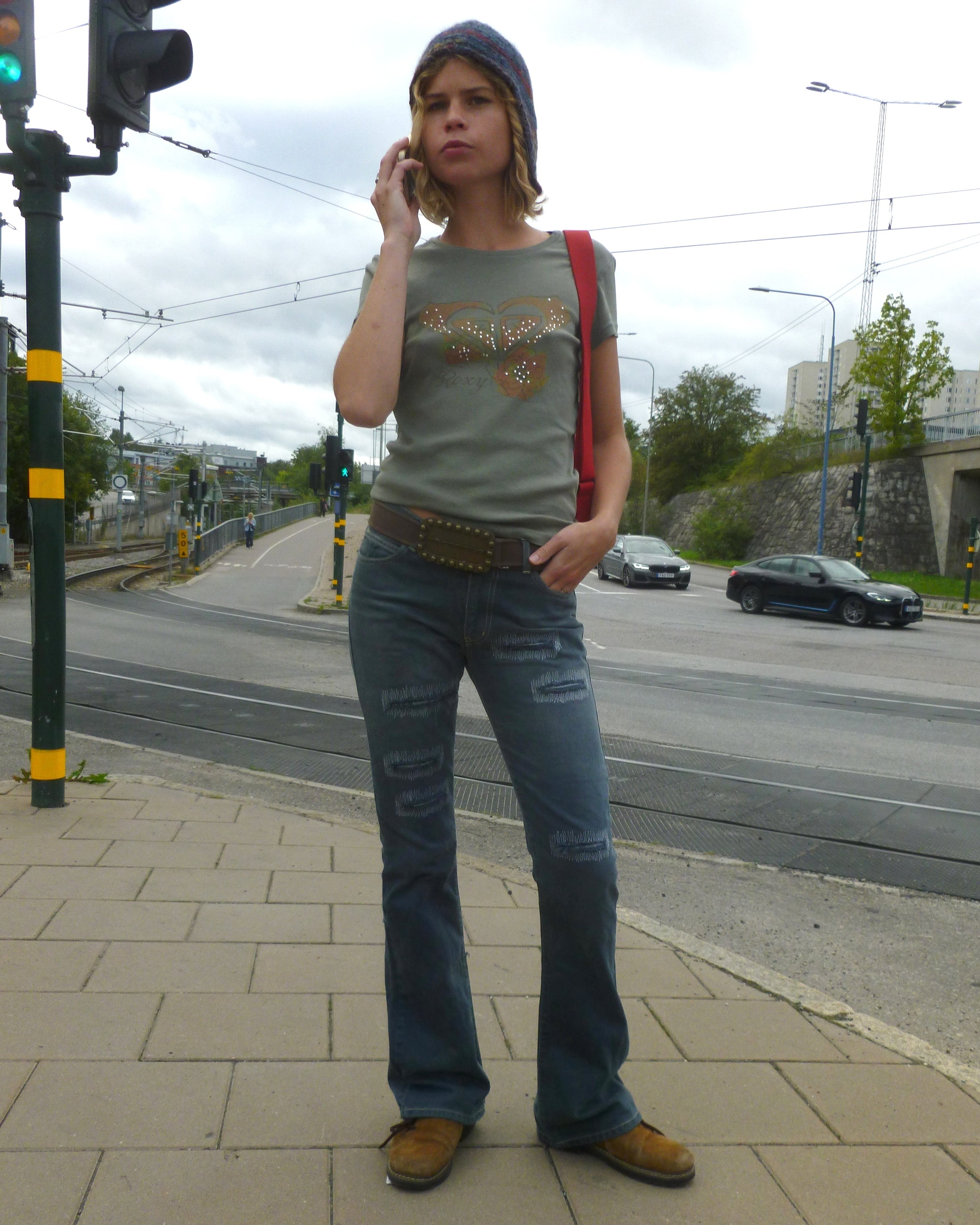 tight flared jeans w stitch holes