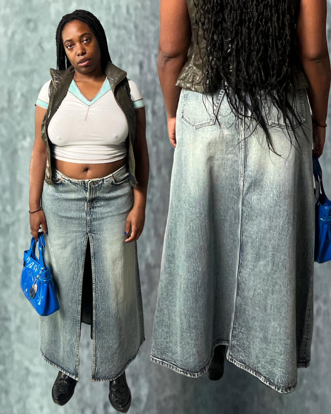 washed denim full maxi skirt