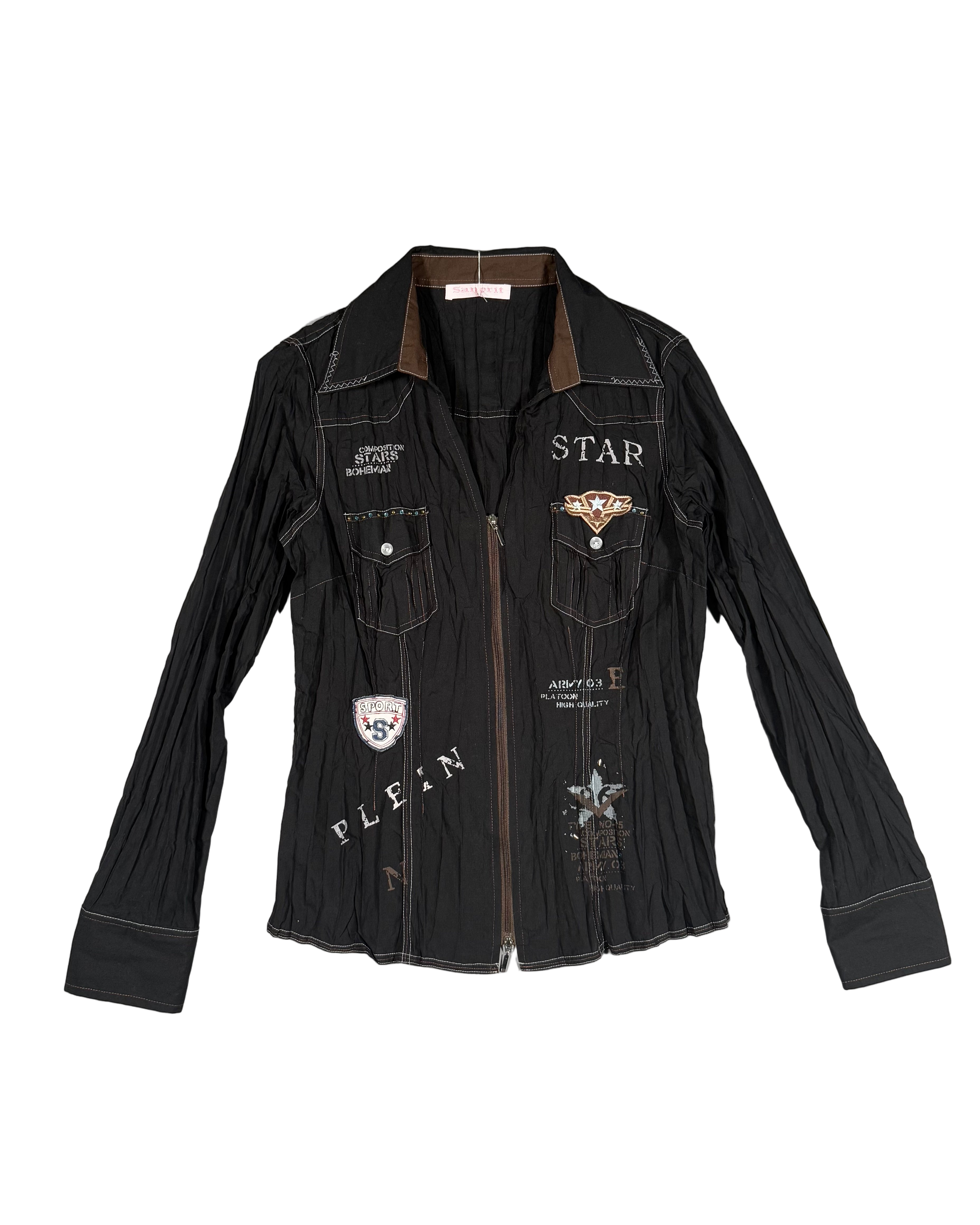 text printed double zip shirt